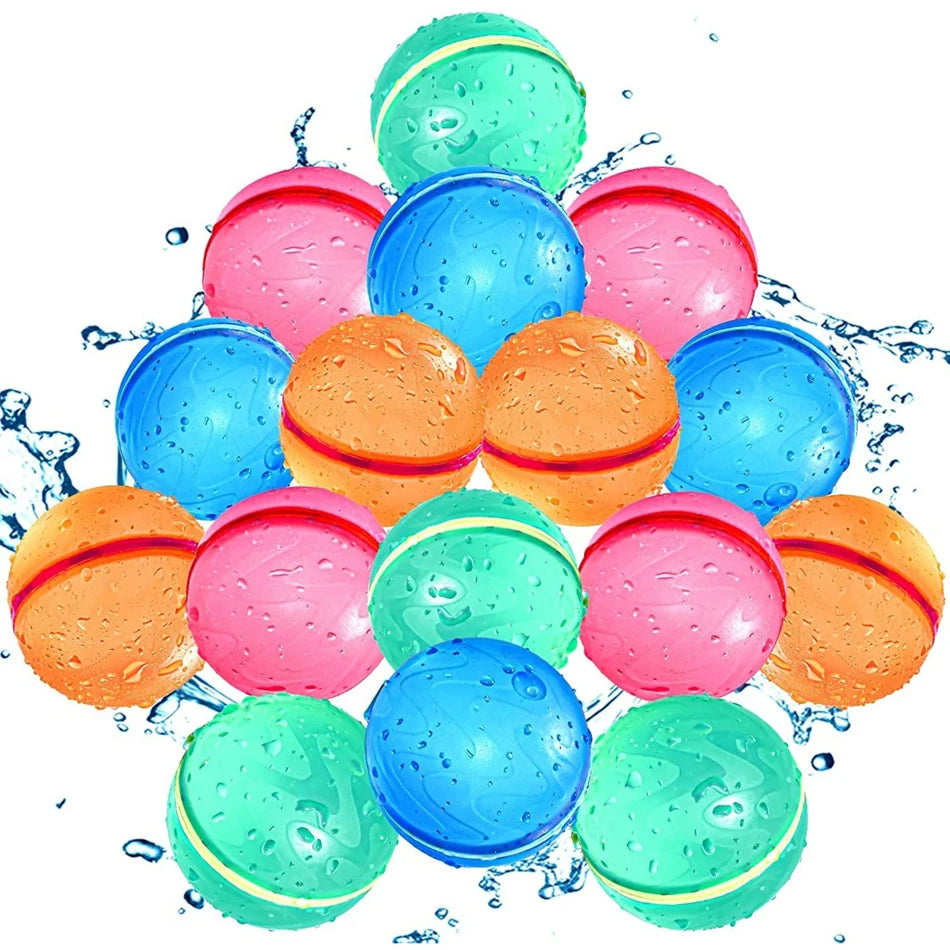 A collection of colorful reusable water balloons in shades of pink, blue, and orange floating in water.