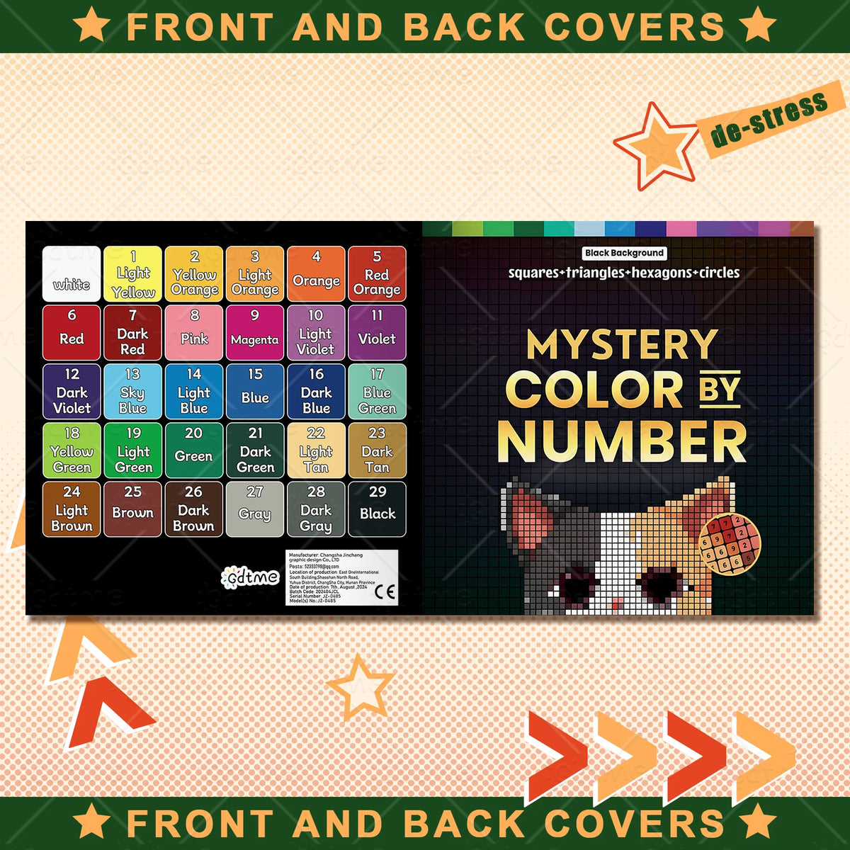 A grid of numbered squares representing various colors used in a mystery color by number puzzle book.