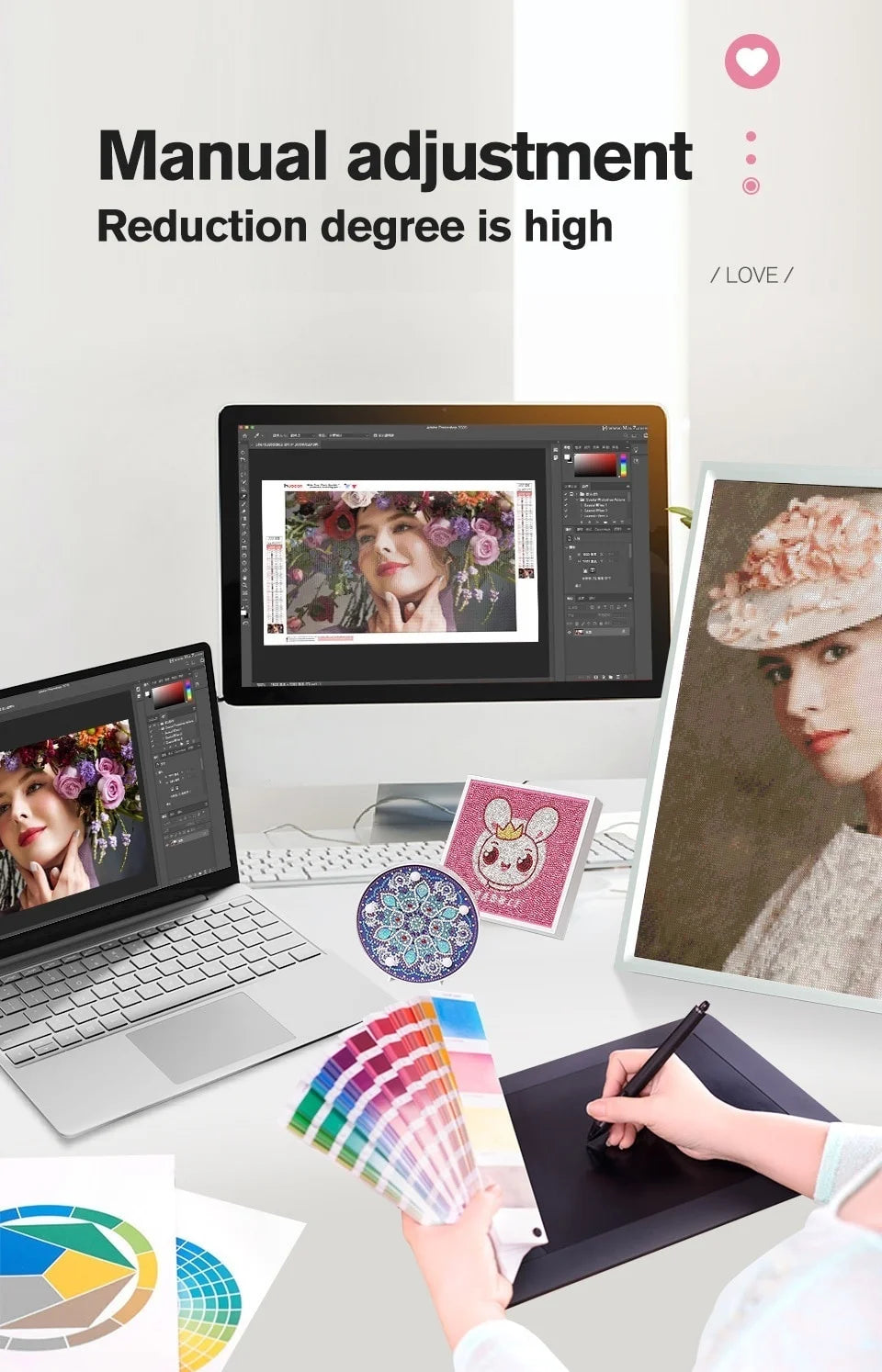 A close-up of a manual adjustment feature for a photo diamond painting kit with various colored beads and tools.