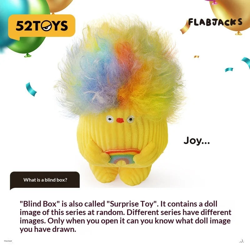 A yellow fluffy plush toy with bright multicolored hair is shown next to a gold balloon and the text 52TOYS.