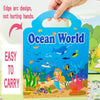 A blue reusable cartoon sticker book titled Ocean World featuring colorful sea creatures and marine life.