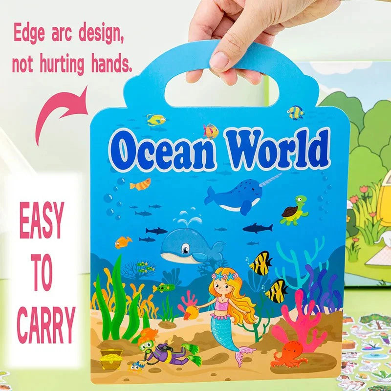 A blue reusable cartoon sticker book titled Ocean World featuring colorful sea creatures and marine life.