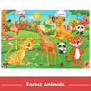 A colorful wooden jigsaw puzzle featuring various forest animals like a giraffe, lion, monkey, and tiger.