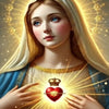 A painting of a young woman with a halo, wearing a white veil and crown, presenting a glowing red heart.