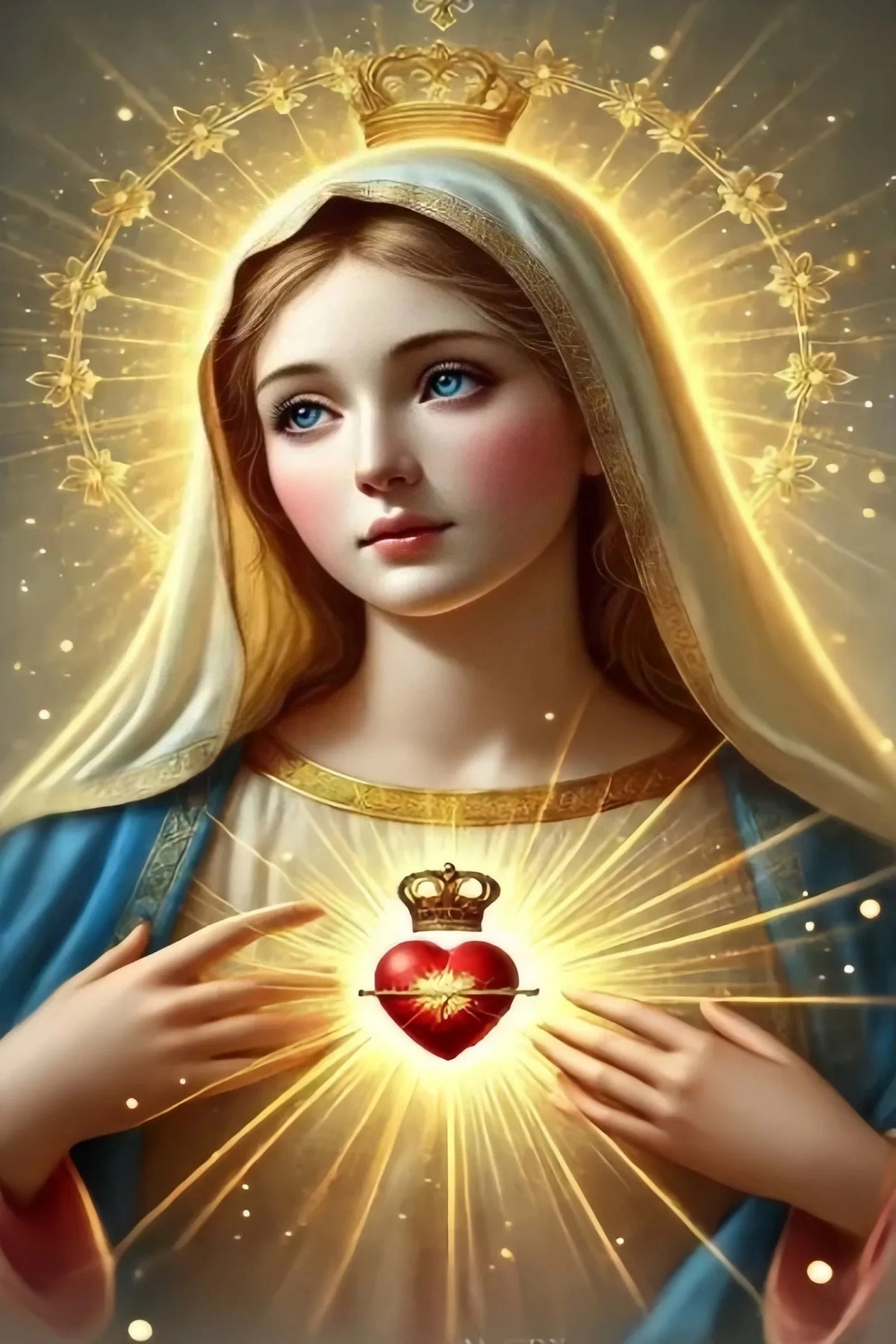 A painting of a young woman with a halo, wearing a white veil and crown, presenting a glowing red heart.