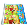 A colorful soft foam play mat featuring various animal figures for baby crawlers.