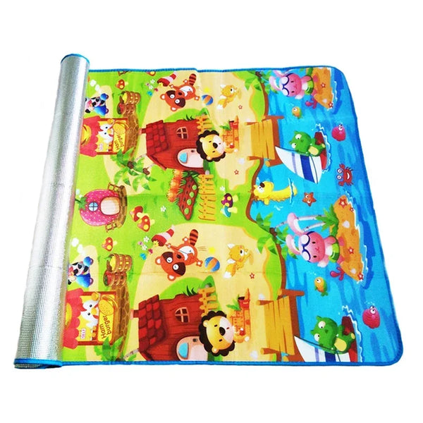 A colorful soft foam play mat featuring various animal figures for baby crawlers.