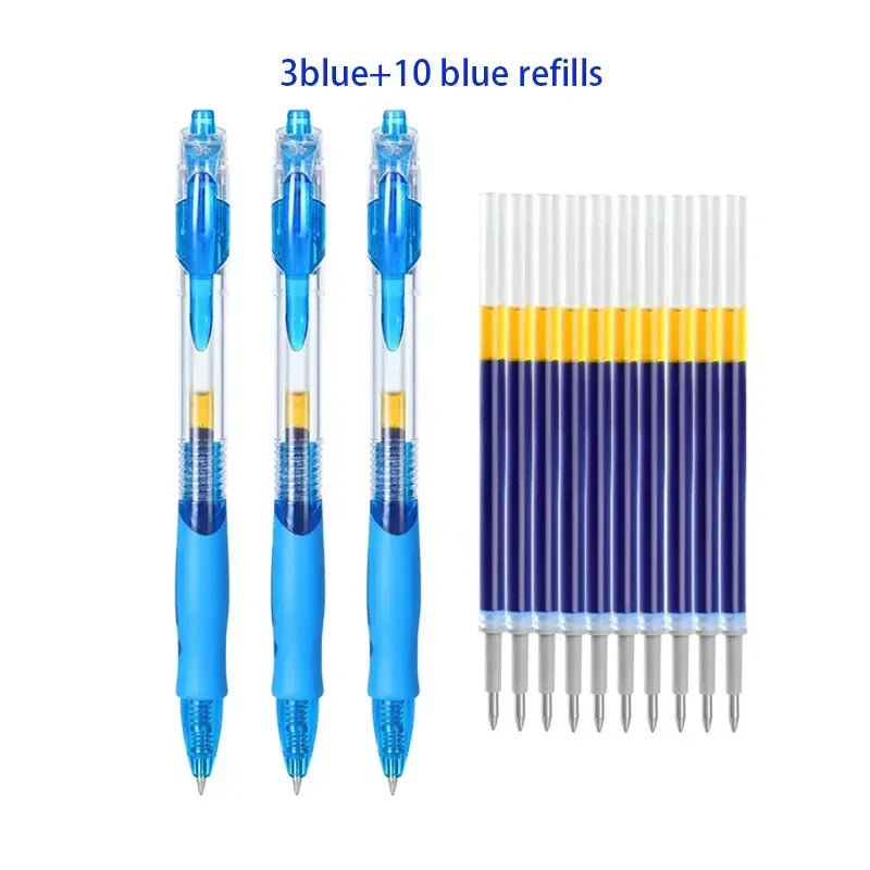 A set of blue retractable gel pens with 10 blue refills displayed in a vertical arrangement.
