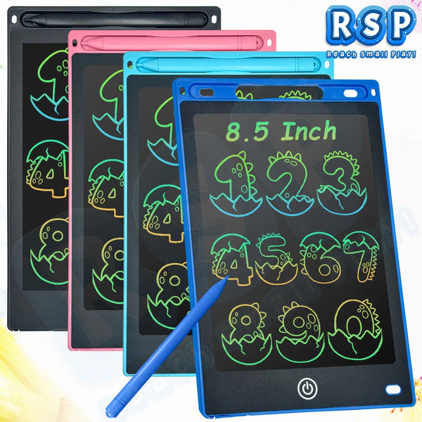 A set of colorful 8.5 inch LCD drawing tablets for kids featuring green and yellow line art.