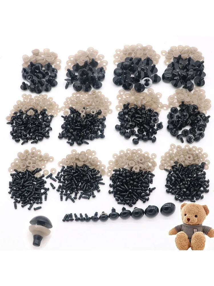 A collection of plastic safety eyes for amigurumi in black and beige colors with locking washers.