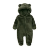 A dark olive green baby bear fleece hooded romper with a zipper.