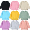 A collection of pastel colored pullover hoodies in pink, yellow, mint green, and lavender for kids.
