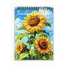 A page from a coloring book featuring large sunflowers against a blue sky and green leaves.