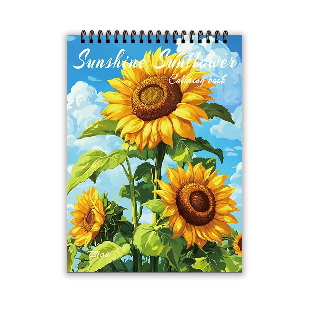 A page from a coloring book featuring large sunflowers against a blue sky and green leaves.