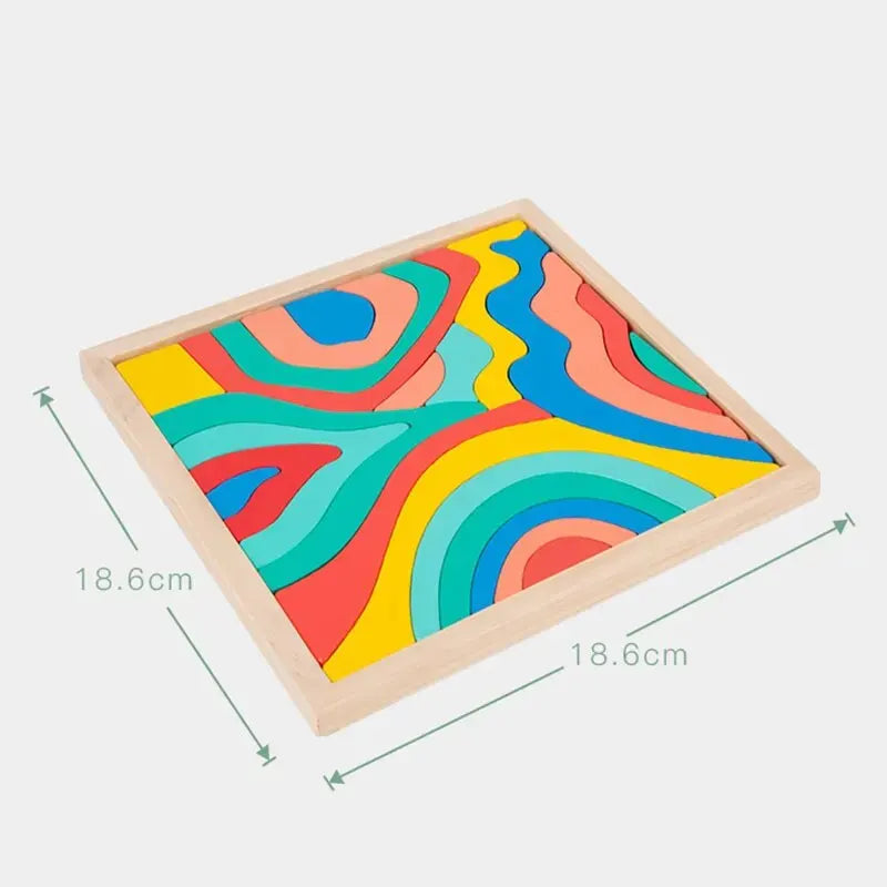 A wooden puzzle featuring colorful, wavy lines in rainbow colors for a Montessori activity.