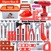 A set of battery-powered tools including a drill, hammer, pliers, and various plastic tools in an orange and gray box.