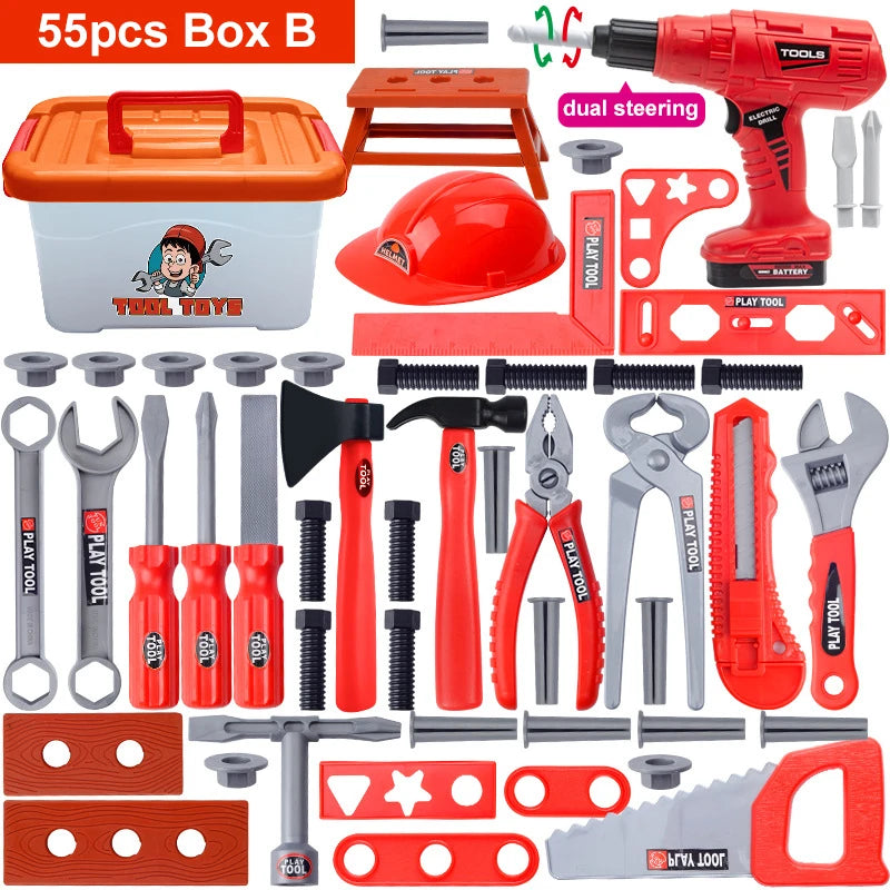A set of battery-powered tools including a drill, hammer, pliers, and various plastic tools in an orange and gray box.