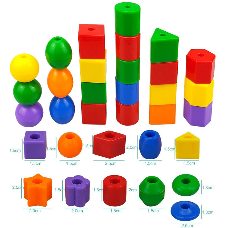 A set of colorful plastic lacing beads and strings for a Montessori threading toy for kids.