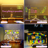 Four images showing LED acrylic message boards with various handwritten messages and drawings.