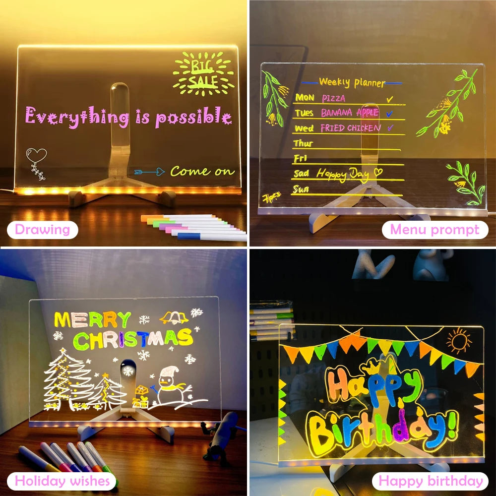 Four images showing LED acrylic message boards with various handwritten messages and drawings.