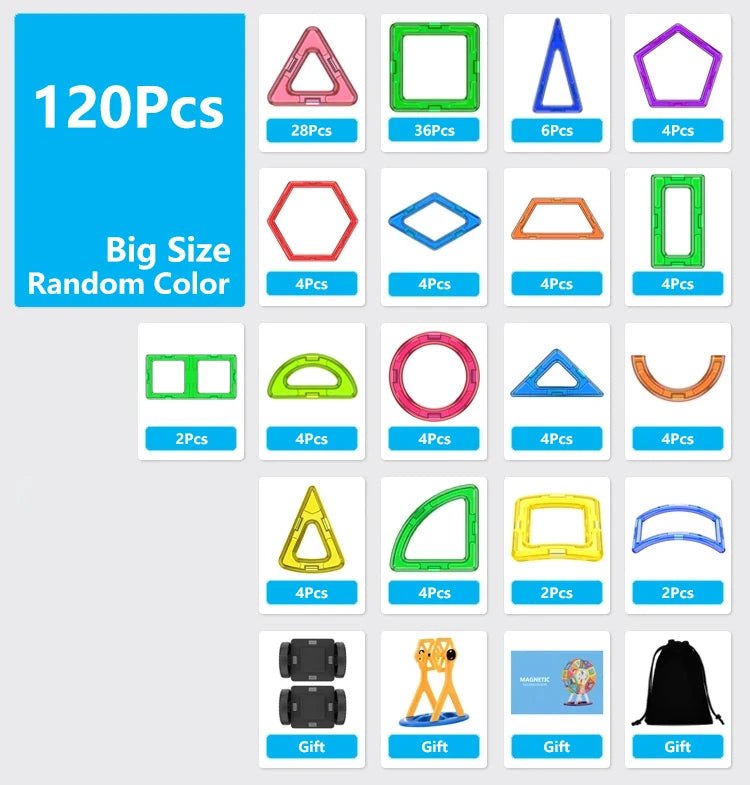 A collection of 120 random colored magnetic building tiles in various shapes and sizes for STEM learning.