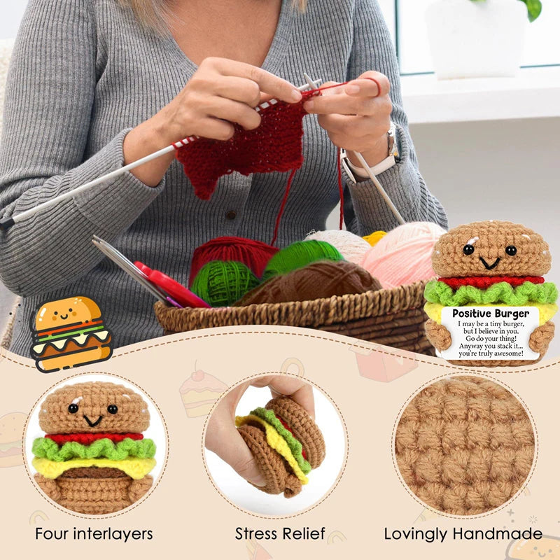 Handmade Crochet Hamburger and Donut Desk Decor with Positive Message Card