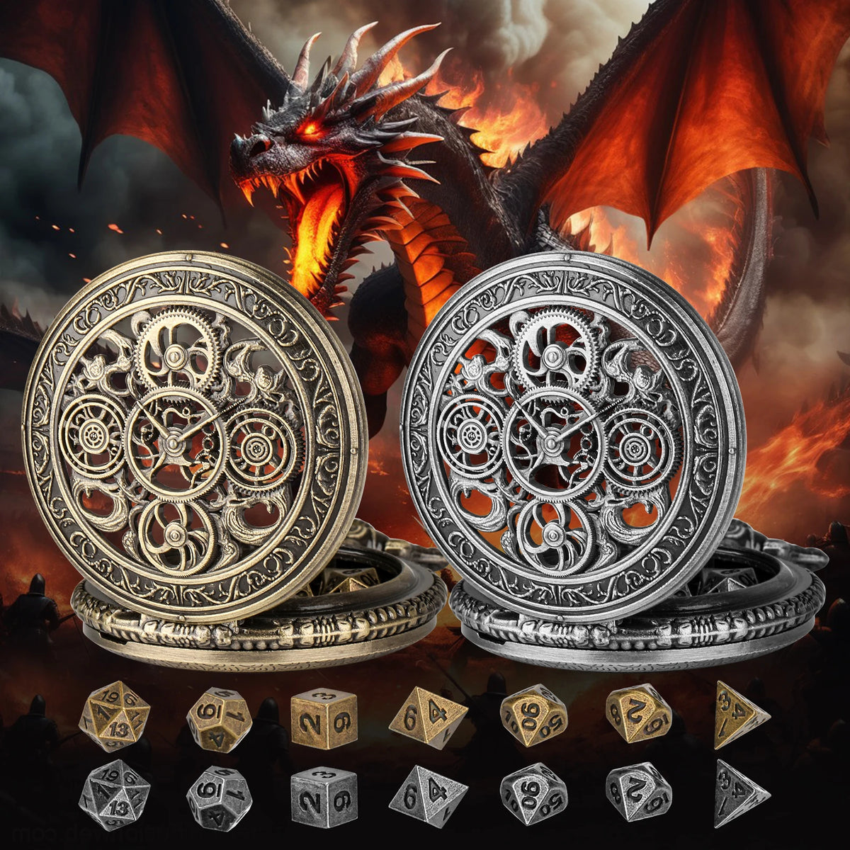 Vintage Pocket Watch Style Dice Set with 7 Polyhedral Metal Dice