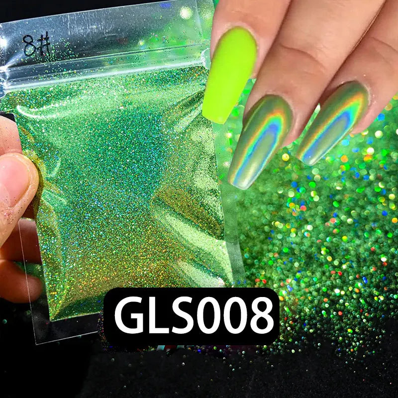 A hand displays a vibrant green holographic nail glitter product labeled GLS008, showing fine sparkle dust on a nail.