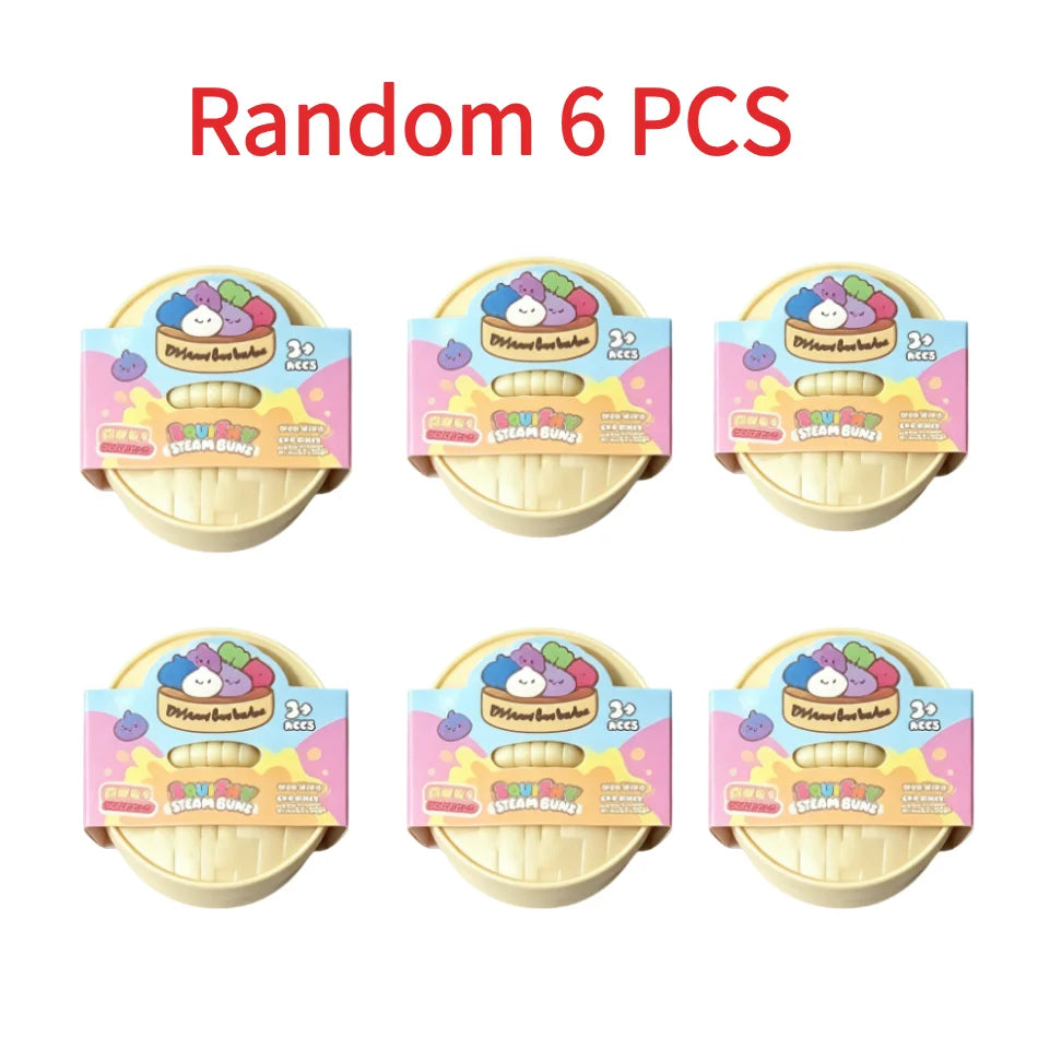 Six pieces of colorful simulated dumpling stress relief squishy toys packaged in a box.
