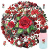 A circular arrangement of vintage red roses and greenery used as a sticker pack design.