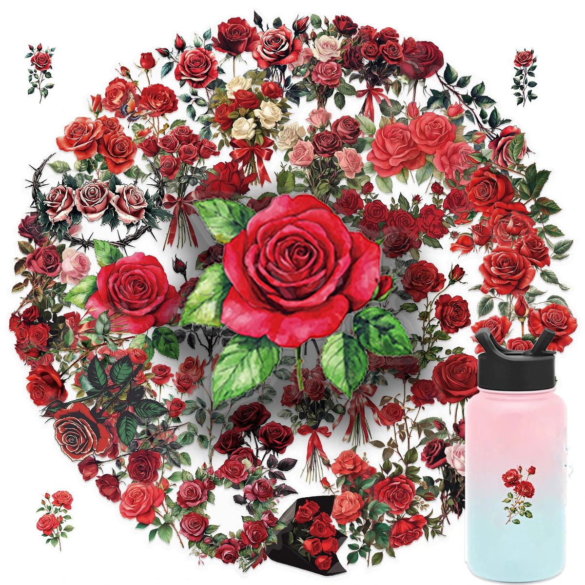 A circular arrangement of vintage red roses and greenery used as a sticker pack design.