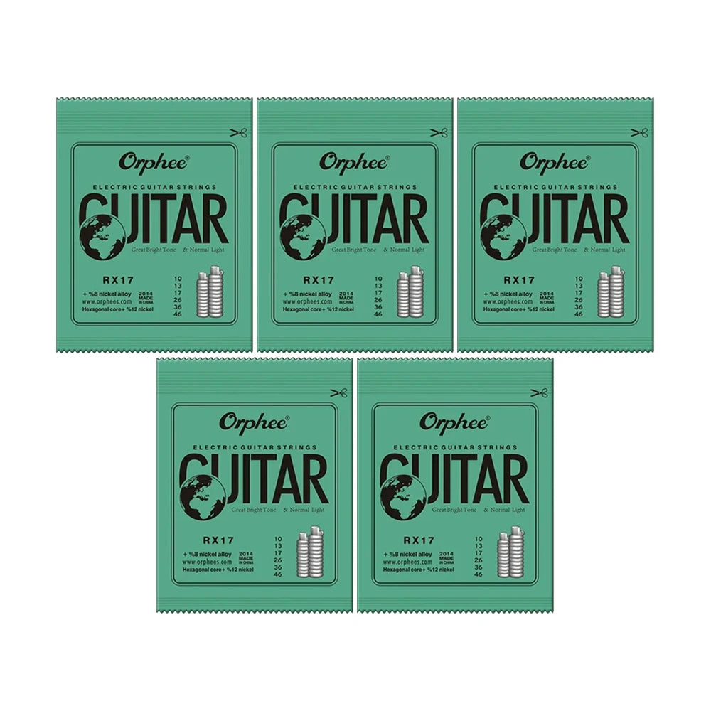 Pack of six Orphee electric guitar strings in green packaging with black text and silver wound strings