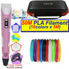 A pink 3D printing pen with an LCD display, a carrying case, and a spool of 50M PLA filament in ten colors.