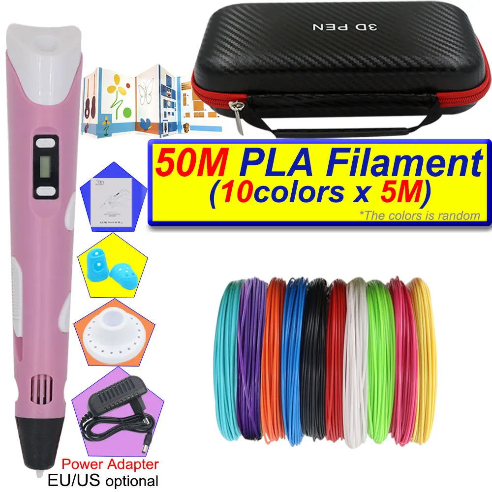 A pink 3D printing pen with an LCD display, a carrying case, and a spool of 50M PLA filament in ten colors.