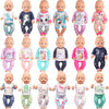 A collection of various unicorn pajama sets for 18-inch dolls in different colors and patterns.