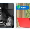 Before and after comparison showing a woman using a red fidget toy for stress relief.