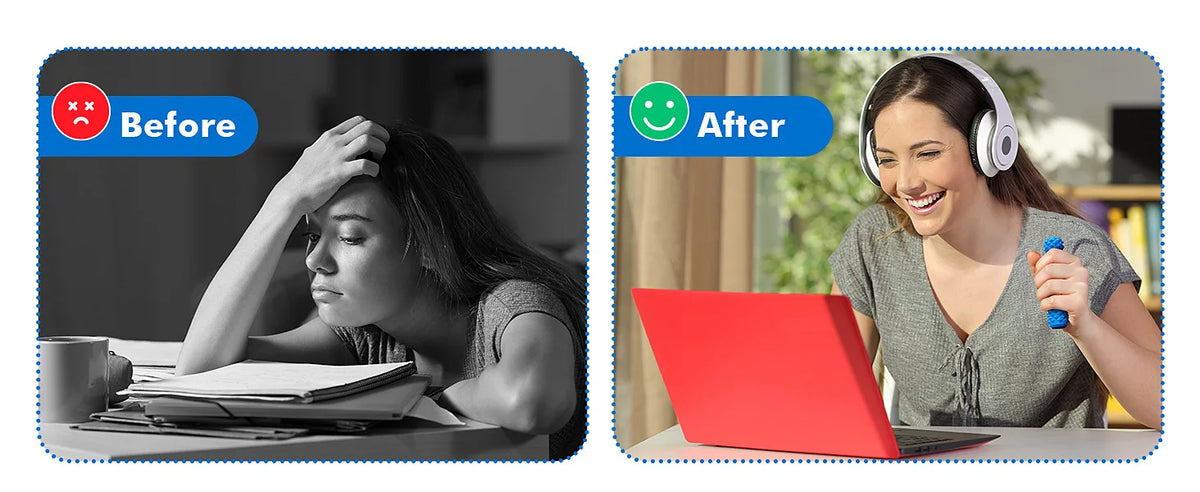 Before and after comparison showing a woman using a red fidget toy for stress relief.