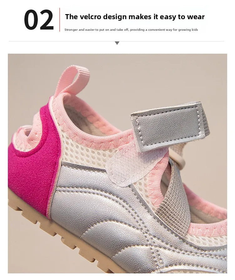 Pink and gray casual slip-on shoes showing the velcro design feature on the upper