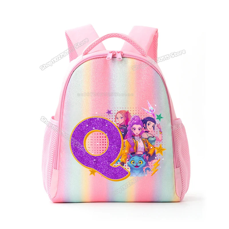 Pink backpack featuring a purple letter Q design with anime characters and rainbow gradient fabric.