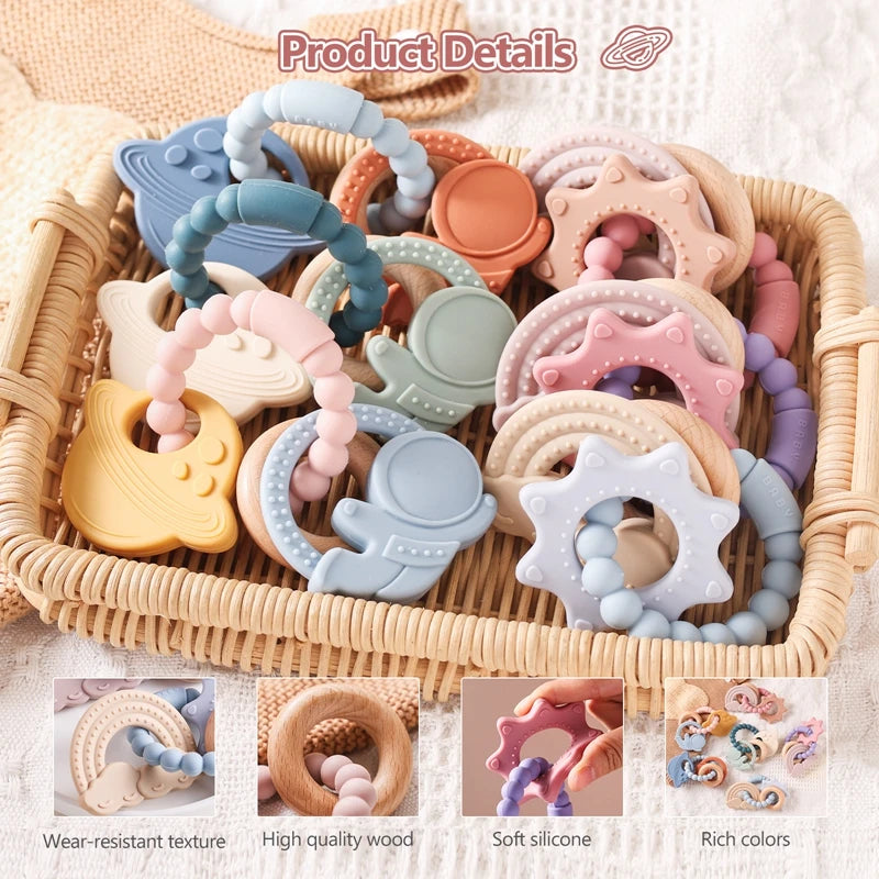 A basket filled with various silicone teether rings in pastel colors for babies