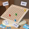 A wooden multiplication board game with numbered tiles and colored pieces is displayed on a light surface.