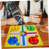 A yellow Ludo board game is shown with colored pieces and a wooden cracker in the background.