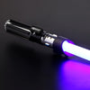 A black lightsaber with a glowing purple blade and a soundboard component.
