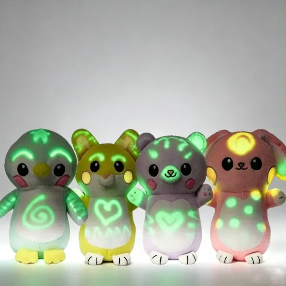 A row of five glowing plush dolls in various colors including green yellow purple and orange