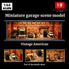 A miniature garage scene model featuring a vintage American repair shop with various details.