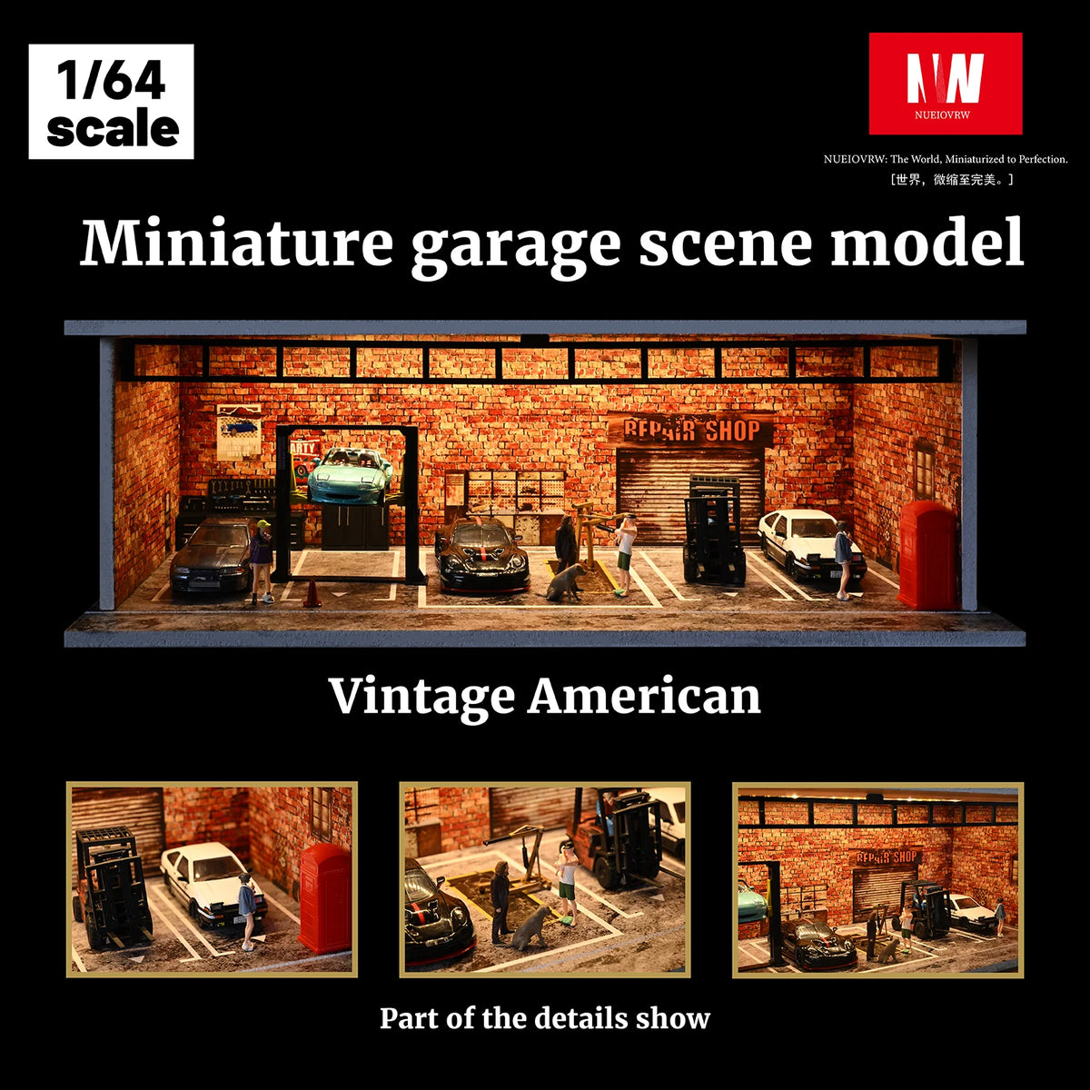 A miniature garage scene model featuring a vintage American repair shop with various details.