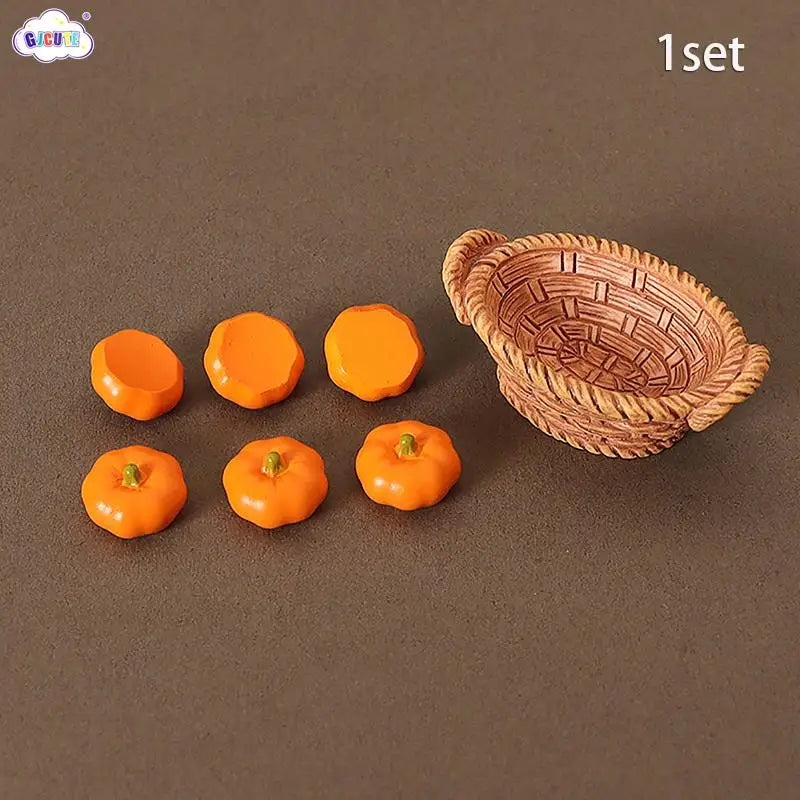 A set of miniature orange pumpkin vegetables in a woven basket for dollhouse play