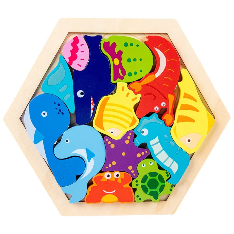 A wooden 3D jigsaw puzzle featuring colorful sea creatures like fish and turtles.