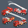 A red fire truck toy with a white ladder and water cannon is shown in various configurations.