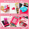 A set of pretend play cash register and calculator with a conveyor belt and spring-loaded cashbox for kids
